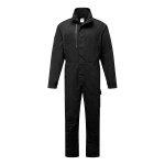 A black coverall featuring stretch panels for ease of movement, suitable for a wide range of outdoor and site work applications.