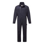 A navy blue coverall featuring stretch panels for ease of movement, suitable for a wide range of outdoor and site work applications.