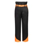 A pair of black work trousers designed for use on construction sites and in industrial work environments.,