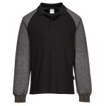 A black polo shirt designed for use on construction sites and in industrial work environments.,