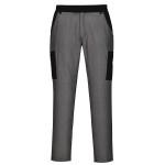 A pair of black work trousers designed for use on construction sites and in industrial work environments.,