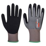 A pair of grey work gloves with cut-level D18 protection, a textured grip palm, and an elasticated cuff for a secure fit.