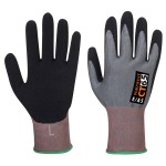 A pair of grey work gloves with cut-level E15 protection, a textured grip palm, and an elasticated cuff for a secure fit.