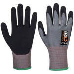 A pair of grey work gloves with cut-level F13 protection, a textured grip palm, and an elasticated cuff for a secure fit.