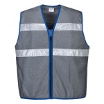 A grey cooling vest designed for use on construction sites and in industrial work environments.,