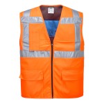 A high-visibility orange cooling vest featuring retroreflective tape panels, suitable for a wide range of outdoor and site work applications.