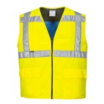 A high-visibility yellow cooling vest featuring retroreflective tape panels, suitable for a wide range of outdoor and site work applications.