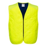 A yellow cooling vest designed for use on construction sites and in industrial work environments.,