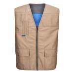A khaki cooling vest designed for use on construction sites and in industrial work environments.,