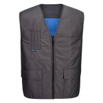 A grey cooling vest designed for use on construction sites and in industrial work environments.,