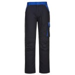 A pair of navy blue work trousers designed for use on construction sites and in industrial work environments.,