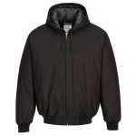 A black jacket designed for use on construction sites and in industrial work environments.,