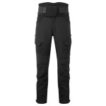 A pair of black work trousers designed for use on construction sites and in industrial work environments.,