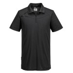 A black polo shirt designed for use on construction sites and in industrial work environments.,