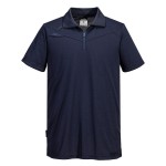 A navy blue polo shirt designed for use on construction sites and in industrial work environments.,