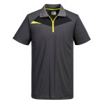 A grey polo shirt designed for use on construction sites and in industrial work environments.,