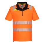 A high-visibility orange polo shirt featuring retroreflective tape panels, a full-length zip front, suitable for a wide range of outdoor and site work applications.