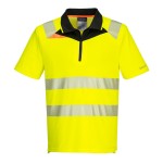 A high-visibility yellow polo shirt featuring retroreflective tape panels, a full-length zip front, suitable for a wide range of outdoor and site work applications.