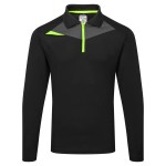 A black polo shirt designed for use on construction sites and in industrial work environments.,
