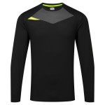 A black work shirt designed for use on construction sites and in industrial work environments.,