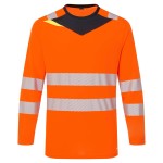 A high-visibility orange work shirt featuring retroreflective tape panels, suitable for a wide range of outdoor and site work applications.