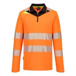 A high-visibility orange polo shirt featuring retroreflective tape panels, a full-length zip front, suitable for a wide range of outdoor and site work applications.