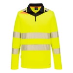 A high-visibility yellow polo shirt featuring retroreflective tape panels, a full-length zip front, suitable for a wide range of outdoor and site work applications.