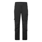 A pair of black work trousers designed for use on construction sites and in industrial work environments.,