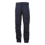 A pair of navy blue work trousers designed for use on construction sites and in industrial work environments.,