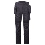 A pair of black work trousers designed for use on construction sites and in industrial work environments.,