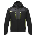A black softshell jacket designed for use on construction sites and in industrial work environments.,