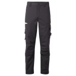 A pair of black work trousers designed for use on construction sites and in industrial work environments.,
