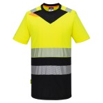 A high-visibility yellow work shirt featuring retroreflective tape panels, suitable for a wide range of outdoor and site work applications.