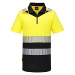 A high-visibility yellow polo shirt featuring retroreflective tape panels, a full-length zip front, suitable for a wide range of outdoor and site work applications.