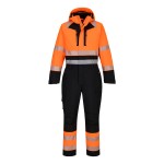 A high-visibility orange coverall featuring retroreflective tape panels, suitable for a wide range of outdoor and site work applications.