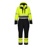 A high-visibility yellow coverall featuring retroreflective tape panels, suitable for a wide range of outdoor and site work applications.