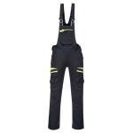 A black workwear garment designed for use on construction sites and in industrial work environments.,