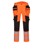 A pair of high-visibility orange trousers featuring retroreflective tape panels, functional pockets, suitable for a wide range of outdoor and site work applications.