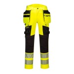 A pair of high-visibility yellow trousers featuring retroreflective tape panels, functional pockets, suitable for a wide range of outdoor and site work applications.