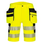 A high-visibility yellow workwear garment featuring retroreflective tape panels, functional pockets, suitable for a wide range of outdoor and site work applications.