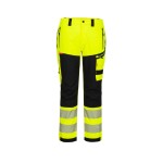 A pair of high-visibility yellow trousers featuring retroreflective tape panels, suitable for a wide range of outdoor and site work applications.