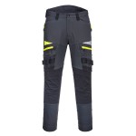 A pair of grey work trousers designed for use on construction sites and in industrial work environments.,