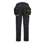 A pair of black work trousers designed for use on construction sites and in industrial work environments.,