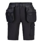 A black workwear garment designed for use on construction sites and in industrial work environments.,