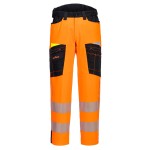 A pair of high-visibility orange trousers featuring retroreflective tape panels, suitable for a wide range of outdoor and site work applications.