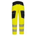 A pair of high-visibility yellow trousers featuring retroreflective tape panels, suitable for a wide range of outdoor and site work applications.