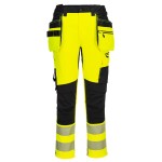 A pair of high-visibility yellow trousers featuring retroreflective tape panels, functional pockets, suitable for a wide range of outdoor and site work applications.