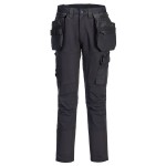 A pair of black work trousers designed for use on construction sites and in industrial work environments.,