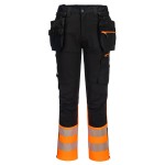 A pair of high-visibility orange trousers featuring retroreflective tape panels, functional pockets, suitable for a wide range of outdoor and site work applications.
