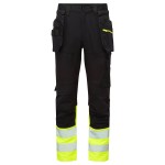 A pair of high-visibility yellow trousers featuring retroreflective tape panels, functional pockets, suitable for a wide range of outdoor and site work applications.